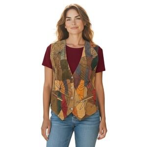 AJ Genuine Leather Suede Patchwork Floral Embroidered Vest Women Size S